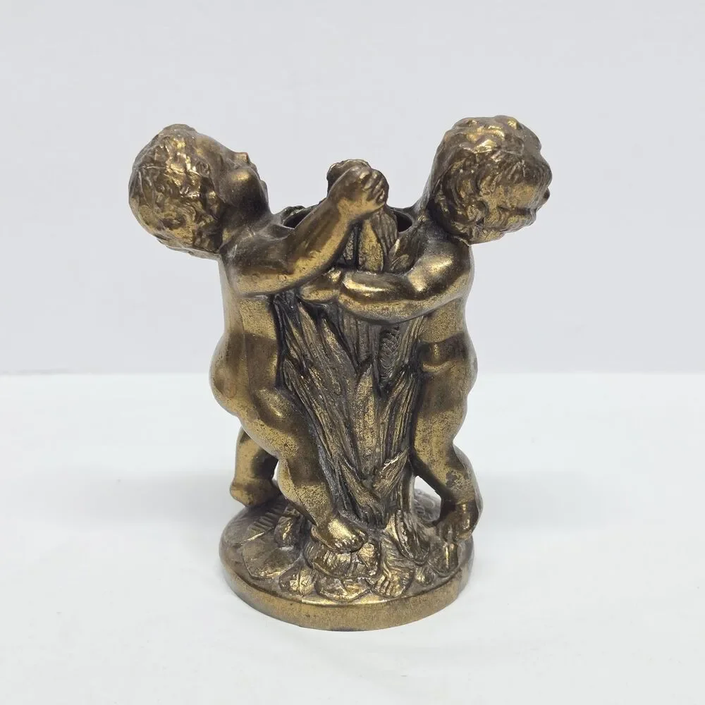 Vintage Metal Bronze Brass Cherub Cupid Gold Tone Candle Stick Holder Romantic